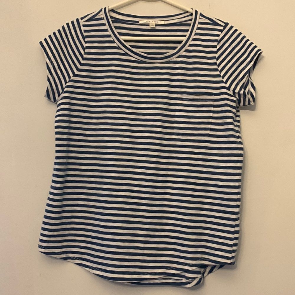 3/$30 Cyrus blue white horizontal stripe short sleeve tee Size L Length 25”
